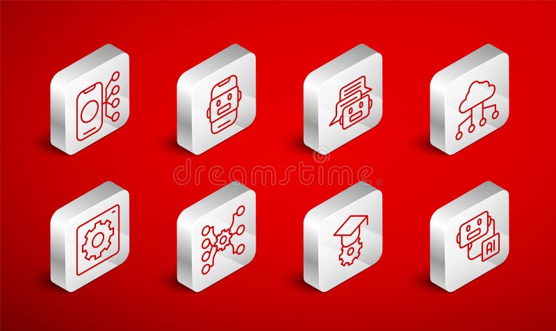 Set line Artificial intelligence robot, Chat, Network cloud connection, Graduation cap, Neural network, and Computer api stock illustration