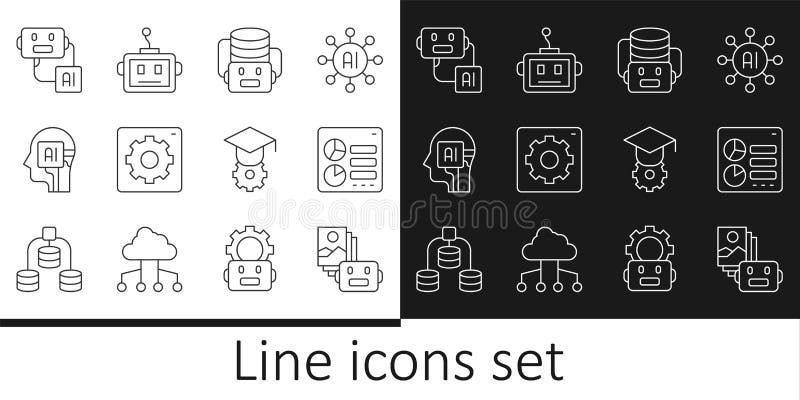 Set line Artificial intelligence robot, Computer api interface, Humanoid, Graduation cap and icon. Vector stock illustration