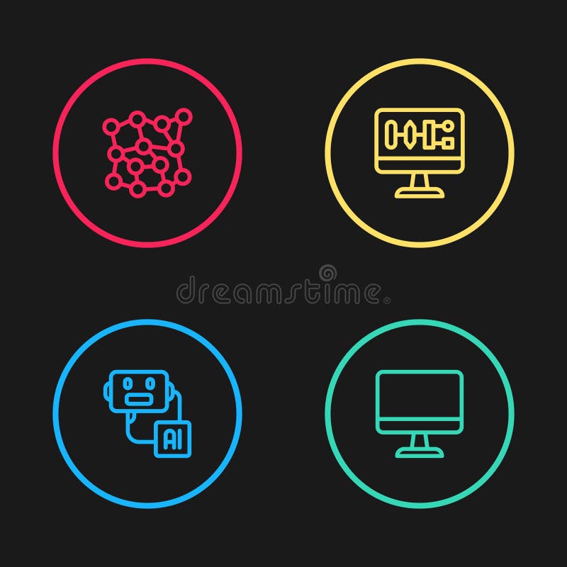 Set line Artificial intelligence robot, Computer monitor, Algorithm and Neural network icon. Vector vector illustration