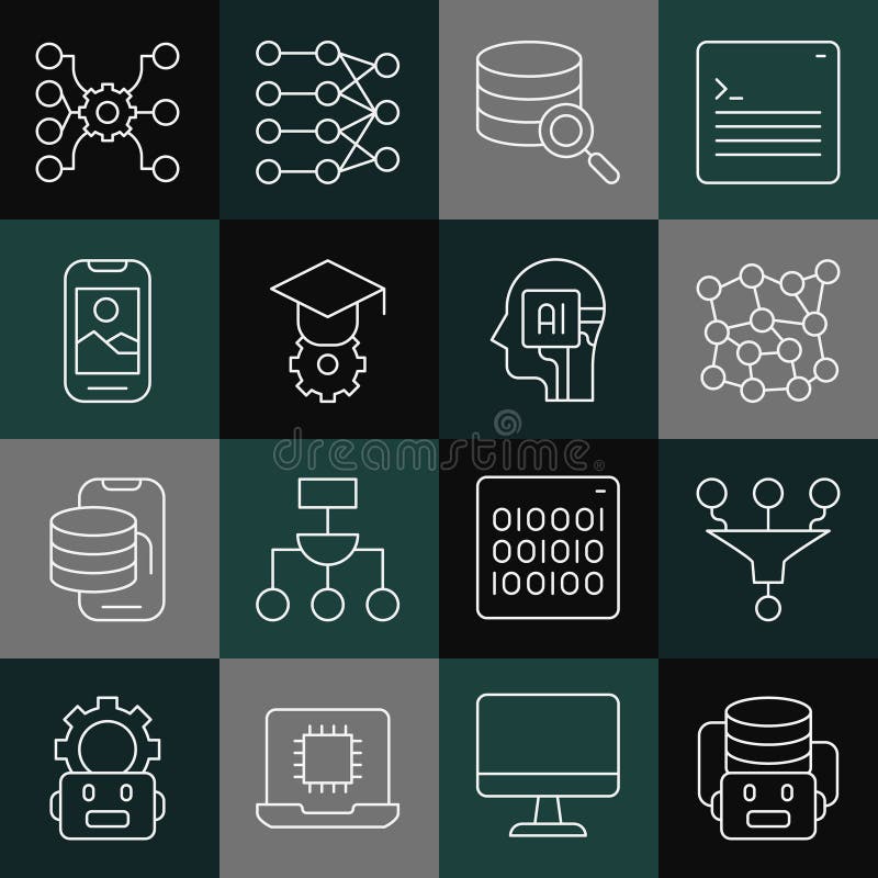 Set line Artificial intelligence robot, Funnel or filter, Neural network, Server, Graduation cap, Mobile phone, and vector illustration