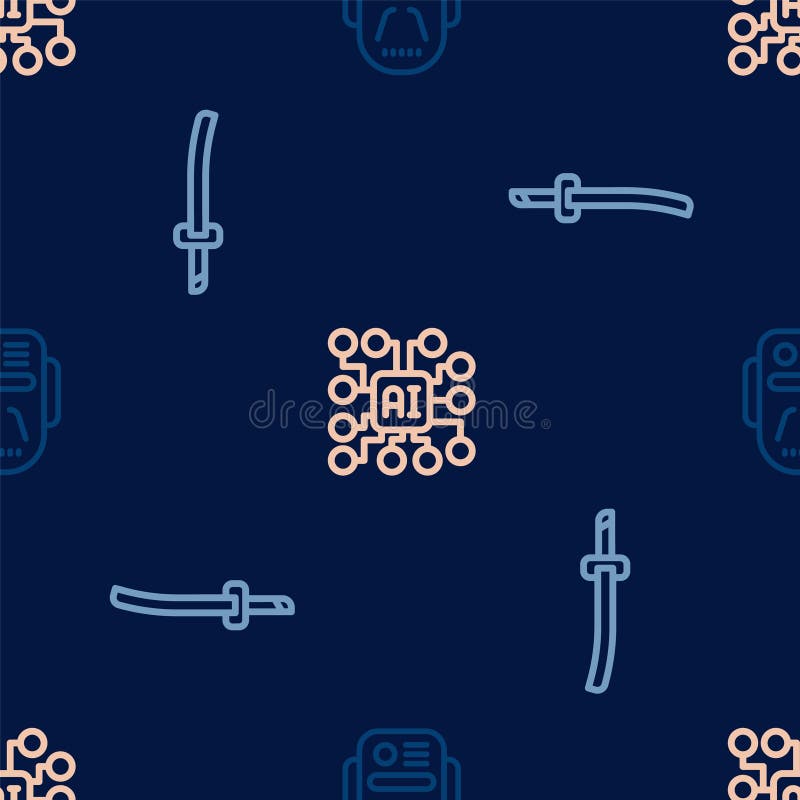 Set line Artificial intelligence robot, Katana and Neural network on seamless pattern. Vector stock illustration