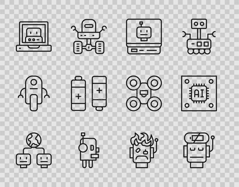 Set line Artificial intelligence, Robot low battery charge, Creating robot, Battery, burned out and Processor with royalty free illustration