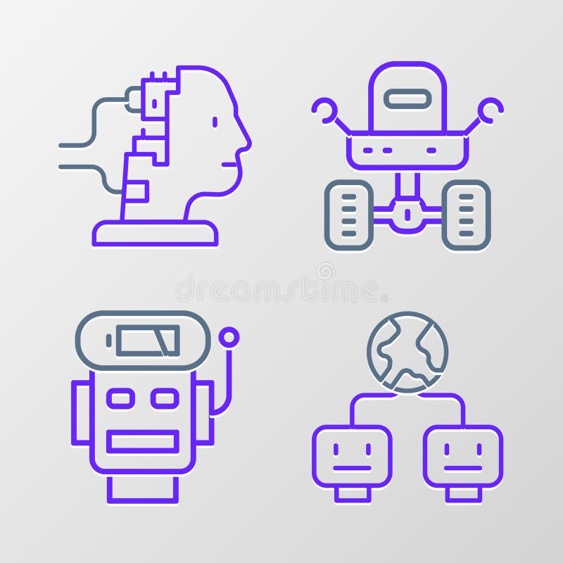 Set line Artificial intelligence, Robot low battery charge, Mars rover and for maintenance icon. Vector vector illustration