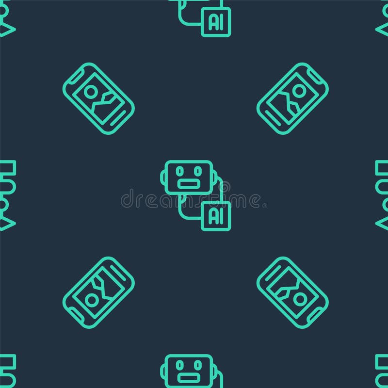 Set line Artificial intelligence robot, Mobile phone and Algorithm on seamless pattern. Vector stock illustration