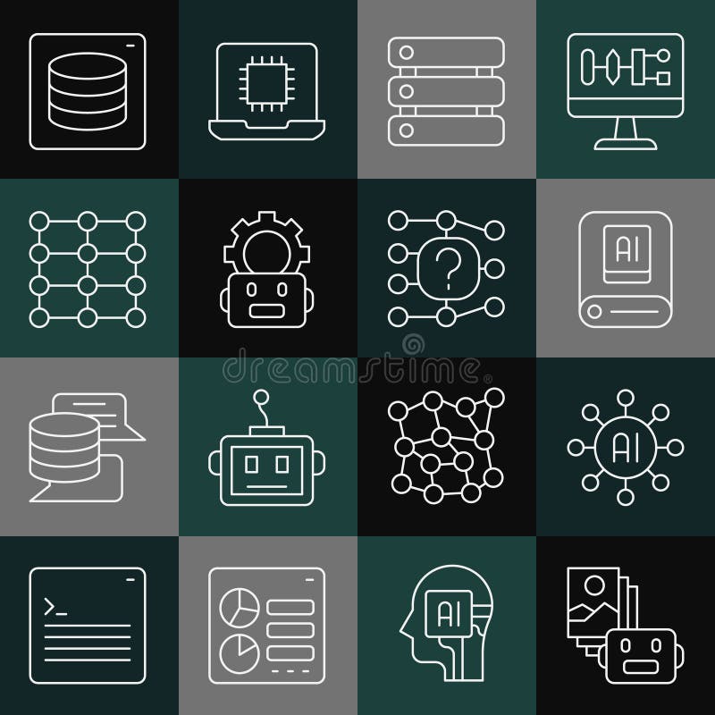 Set line Artificial intelligence robot, Neural network, AI, Server, Data, Robot setting, and icon. Vector royalty free illustration