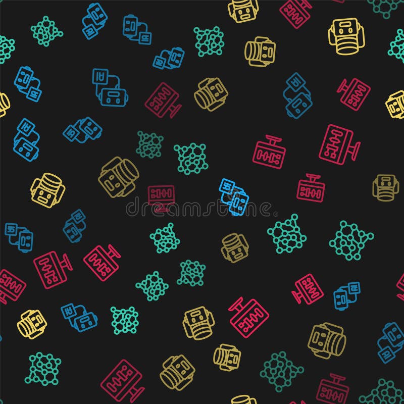 Set line Artificial intelligence robot, Neural network, and Algorithm on seamless pattern. Vector vector illustration