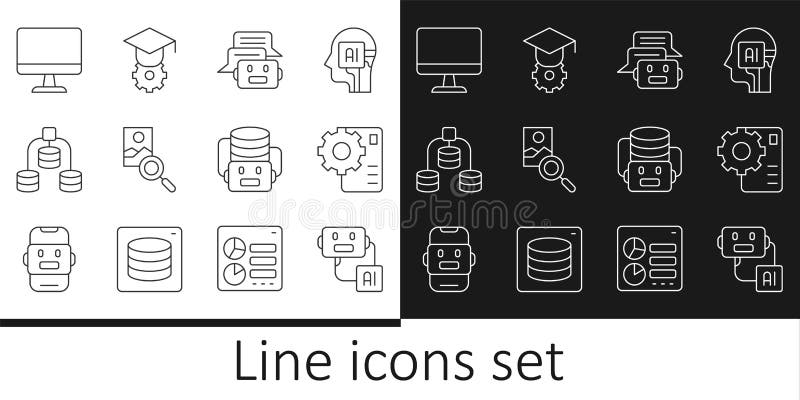 Set line Artificial intelligence robot, Neural network, Chat, Photo retouching, Server, Data, Computer monitor, and royalty free illustration