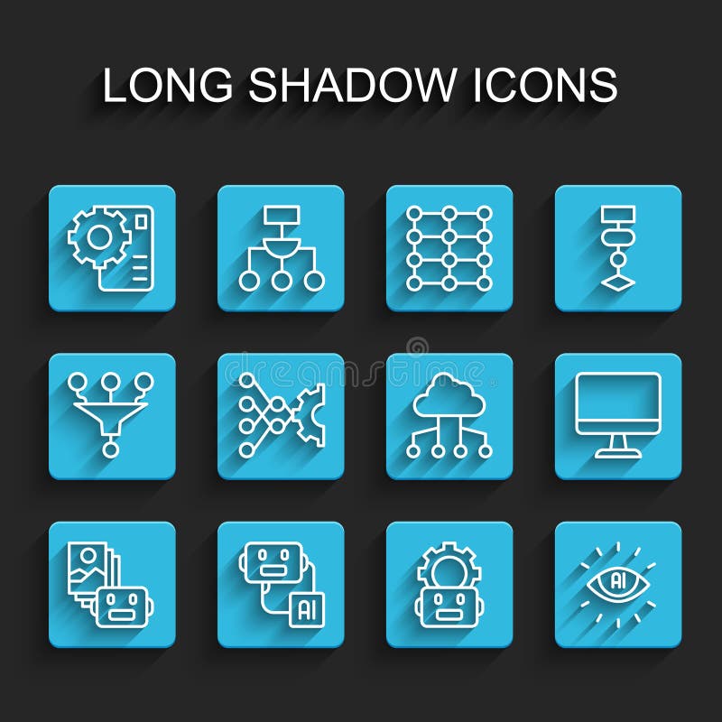 Set line Artificial intelligence robot, Neural network, Robot setting, AI, Computer monitor and Network cloud connection stock illustration