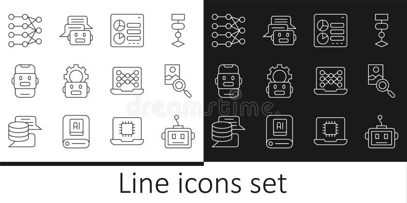 Set line Artificial intelligence robot, Photo retouching, Computer api interface, Robot setting, Chat, Neural network stock illustration