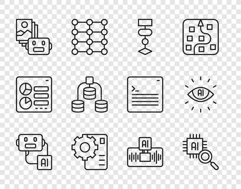 Set line Artificial intelligence robot, Processor CPU, Algorithm, Neural network, Server, Data, AI and icon. Vector royalty free illustration