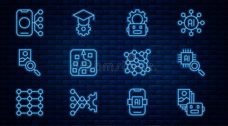 Set line Artificial intelligence robot, Processor CPU, Robot setting, Neural network, Photo retouching, and Graduation vector illustration