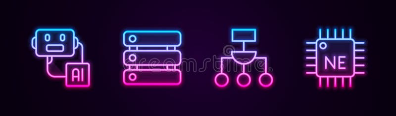 Set line Artificial intelligence robot, Server, Data, Algorithm and Processor CPU. Glowing neon icon. Vector vector illustration