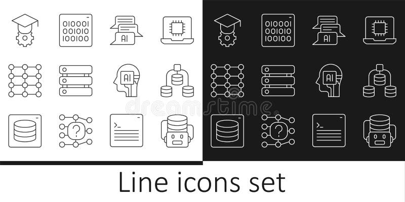 Set line Artificial intelligence robot, Server, Data, Chat, Neural network, Graduation cap, Humanoid and Binary code royalty free illustration