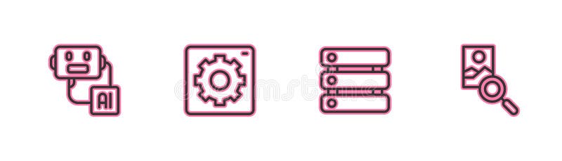 Set line Artificial intelligence robot, Server, Data, Computer api interface and Photo retouching icon. Vector vector illustration