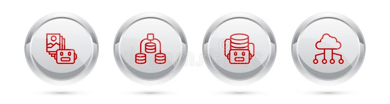 Set line Artificial intelligence robot, Server, Data, and Network cloud connection. Silver circle button. Vector royalty free illustration