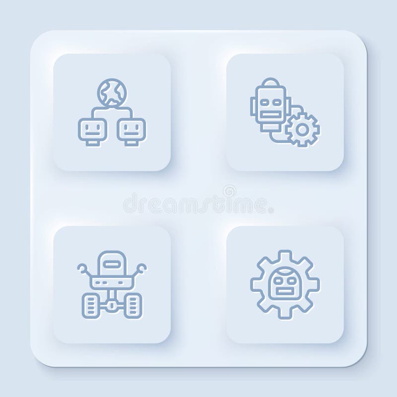 Set line Artificial intelligence, Robot setting, Mars rover and. White square button. Vector royalty free illustration