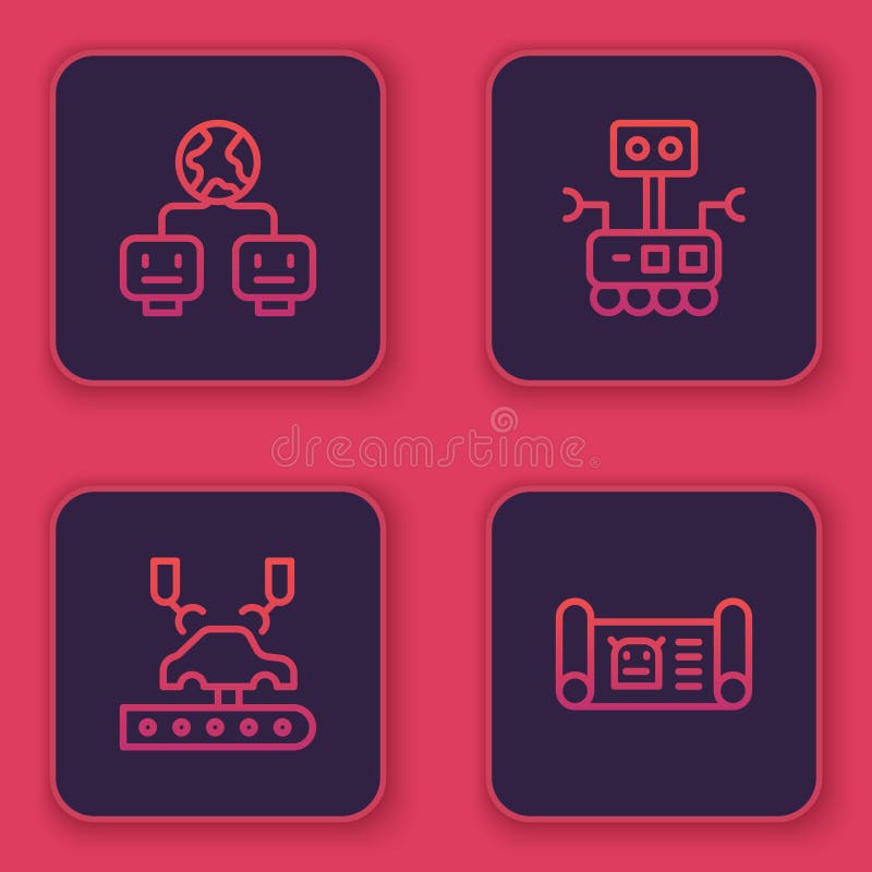 Set line Artificial intelligence, Robotic robot arm on factory, and blueprint. Blue square button. Vector royalty free illustration