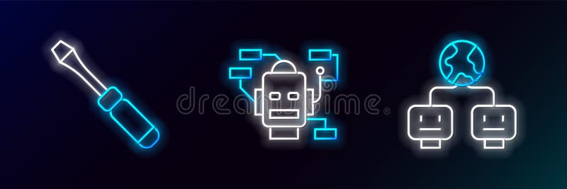 Set line Artificial intelligence, Screwdriver and Robot icon. Glowing neon. Vector vector illustration