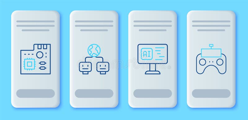 Set line Artificial intelligence, Software, Motherboard digital chip and Remote control icon. Vector vector illustration