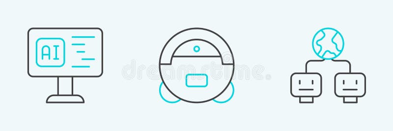 Set line Artificial intelligence, Software and Robot vacuum cleaner icon. Vector vector illustration