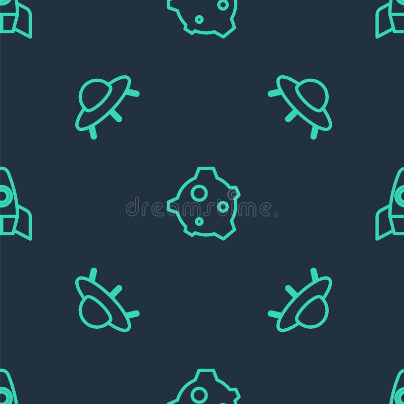 Set line Asteroid, UFO flying spaceship and Rocket on seamless pattern. Vector royalty free illustration