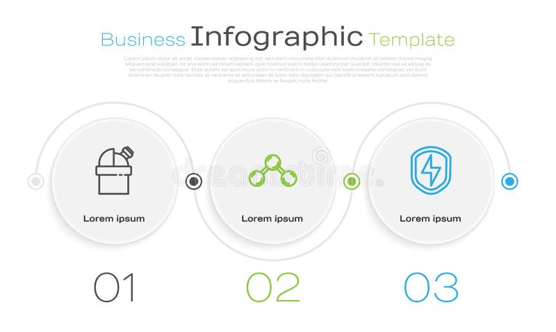 Set line Astronomical observatory, Molecule and Secure shield with lightning. Business infographic template. Vector royalty free illustration