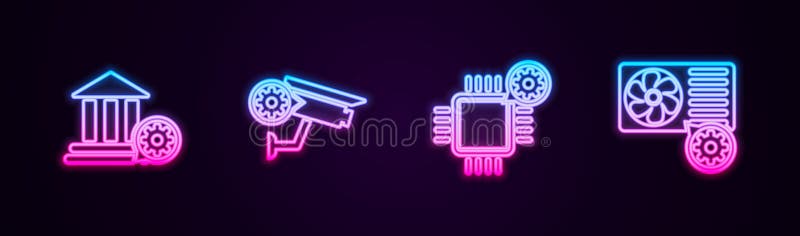 Set Line Bank Building Setting Security Camera Processor And Air Conditioner Glowing Neon Icon Vector Stock Vector Illustration Of Central Neon 198699576