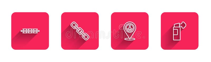 Set line Barbed wire, Chain link, Location peace and Pepper spray with long shadow. Red square button. Vector royalty free illustration