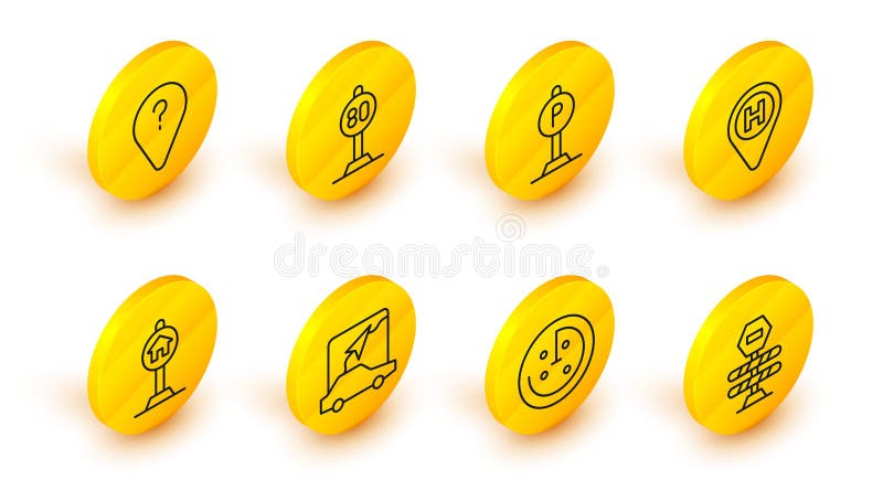 Set line Bariera rutieră Radar cu ținte pe monitor Harta orașului Navigare Indicator hotelier pentru trafic Aterizare elicopter royalty free illustration