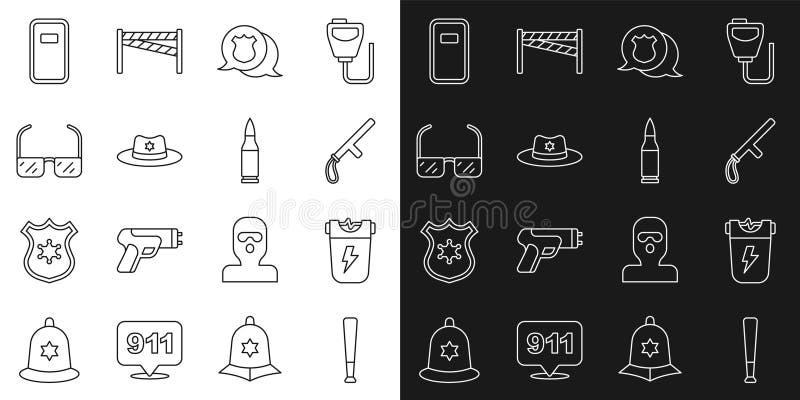 Set line bat de baseball poliție șoc electric șoc baston insigna șerif Hat cu ochelari de protecție asalt stock illustration