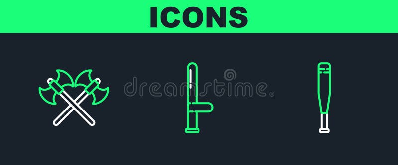 Set line bat de baseball traversat axele medievale și pictograma baston de cauciuc al poliției. vector vector illustration