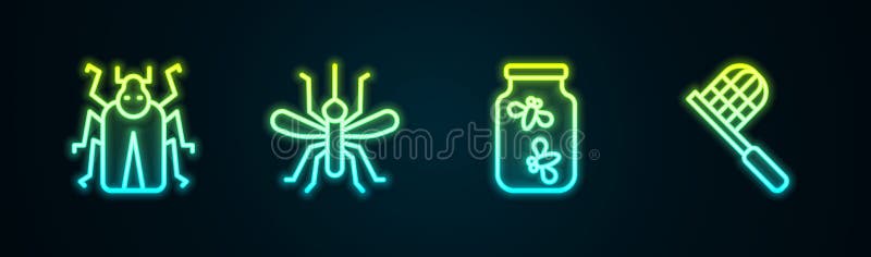 Set line beetbeetbug bug mosquito fireflies bugs in a jar and butterfly net. pictograma Strălucire neon. vector royalty free illustration