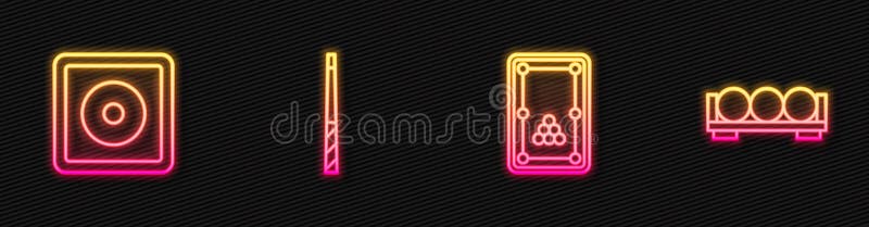 Set line billard Tisch Challe Queue und Kugeln auf Stand. Leuchtendes Neonsymbol. Vektor lizenzfreie abbildung