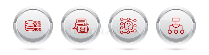 Set line Binary code, Chat bot, Neural network and Algorithm. Silver circle button. Vector stock illustration