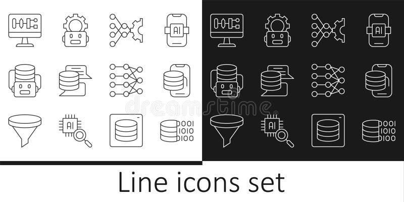 Set line Binary code, Cloud technology data transfer, Neural network, Server, Data, Artificial intelligence robot. Set line Binary code Cloud technology data transfer Neural network Server Data Artificial intelligence robot Algorithm and Robot setting icon. Vector.