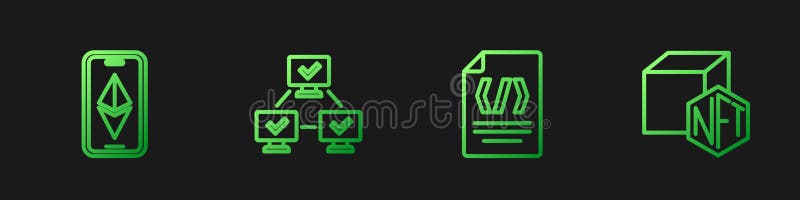 Set line Binary code, Ethereum ETH, NFT blockchain technology and Digital crypto art. Gradient color icons. Vector vector illustration