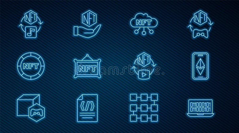 Set line Binary code, Ethereum ETH, NFT cloud, Digital crypto art, and icon. Vector stock illustration
