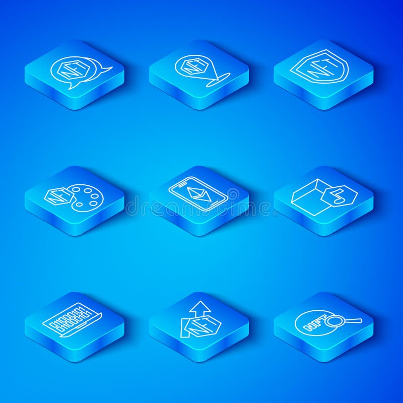 Set line Binary code, Ethereum ETH, NFT growth bar chart, Digital crypto, shield, and Search icon. Vector stock illustration