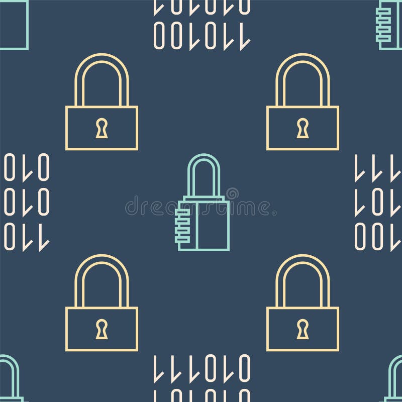 Set line Binary code, Lock and Safe combination lock on seamless pattern. Vector royalty free illustration