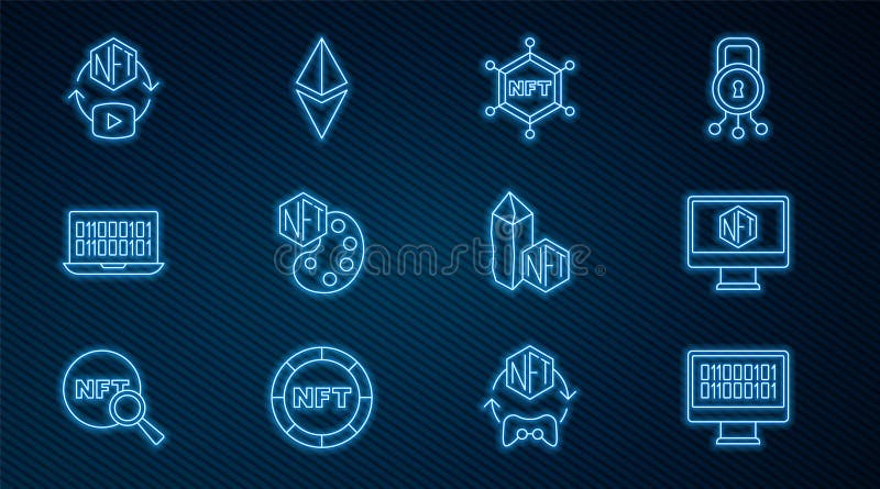 Set line Binary code Monitor with art store app NFT blockchain technology Digital crypto and Ethereum ETH icon. Vector.