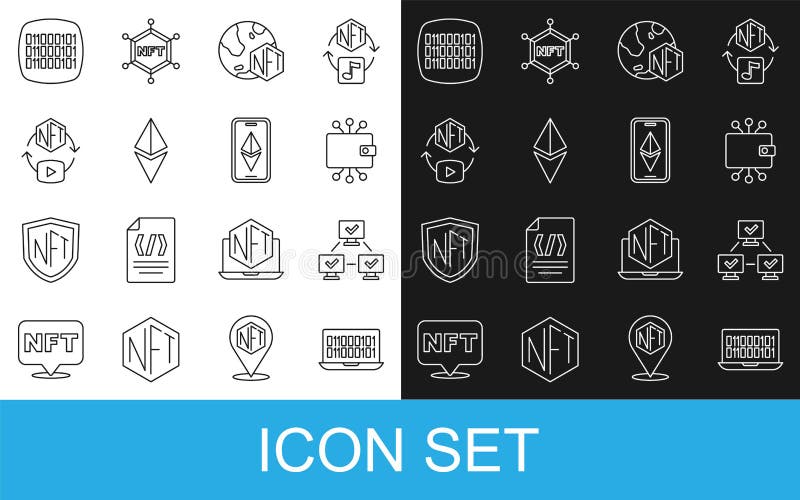 Set line Binary code, NFT blockchain technology, Cryptocurrency wallet, Digital crypto art, Ethereum ETH, and icon stock illustration