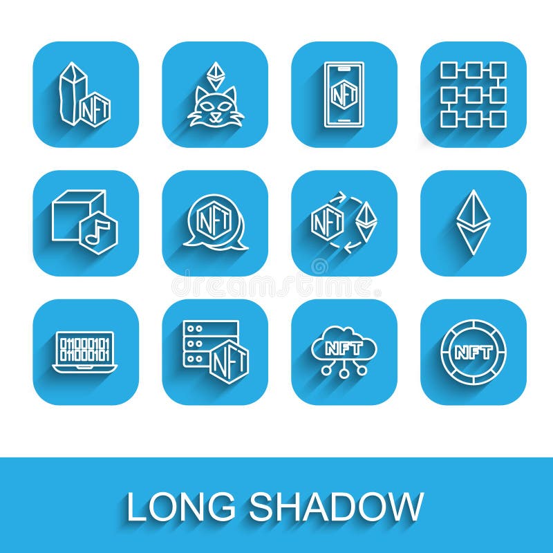 Set line Binary code, NFT blockchain technology, Digital crypto art, cloud, Ethereum ETH and exchange icon. Vector vector illustration