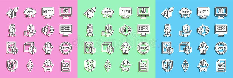 Set line Binary code, NFT Digital crypto art, Cyber security, growth bar chart and Ethereum exchange icon. Vector stock illustration