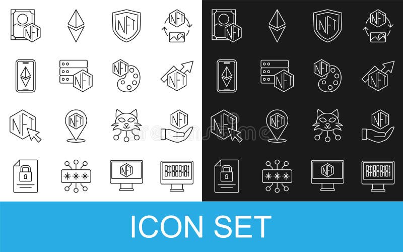 Set line Binary code, NFT Digital crypto art, growth bar chart, shield, blockchain technology, Ethereum ETH, and icon vector illustration