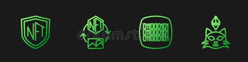 Set line Binary code, NFT shield, Digital crypto art and. Gradient color icons. Vector stock illustration