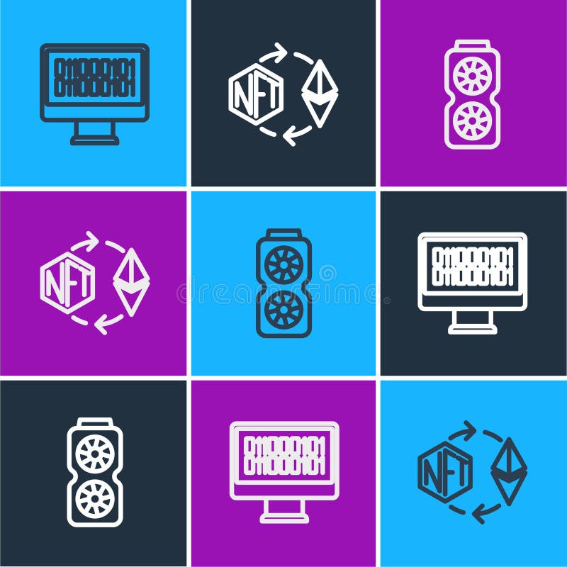 Set line Binary code, Video graphic card and Ethereum exchange NFT icon. Vector stock illustration