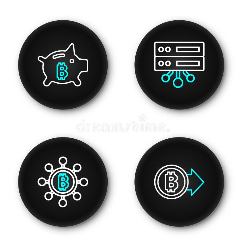 Set line bitcoin blockchain technology server and piggy bank icon vector stock illustratie