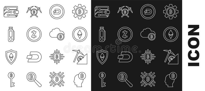 Set line bitcoin think cryptocurrency cloud exploing ethereum eth dash zcash zec flash drive portfel i ikona. wektor.