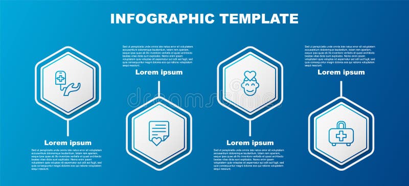 Set line Blood donation, Envelope with heart, Volunteer and First aid kit. Business infographic template. Vector