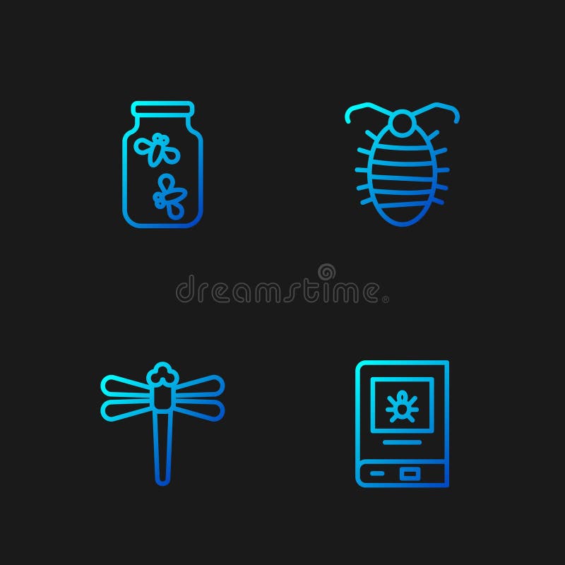 Set de linii de carte despre insectele libelule și licăriri de insecte. pictograme culori gradient. vector stock illustration